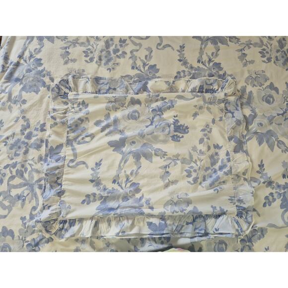 Pottery Barn LoveShack Fancy Ruffle Damask Blue White Twin Duvet Cover Sham Set - Picture 4 of 7